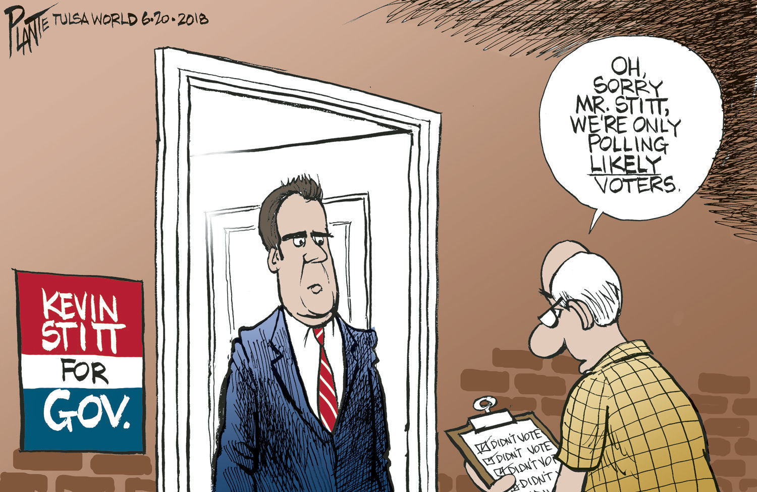 Bruce Plante Cartoon: A pollster and Kevin Stitt